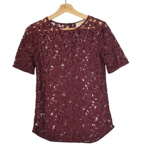 Ann Taylor LOFT Burgundy‎ Red Sheer Lace Short Sleeve Blouse XS